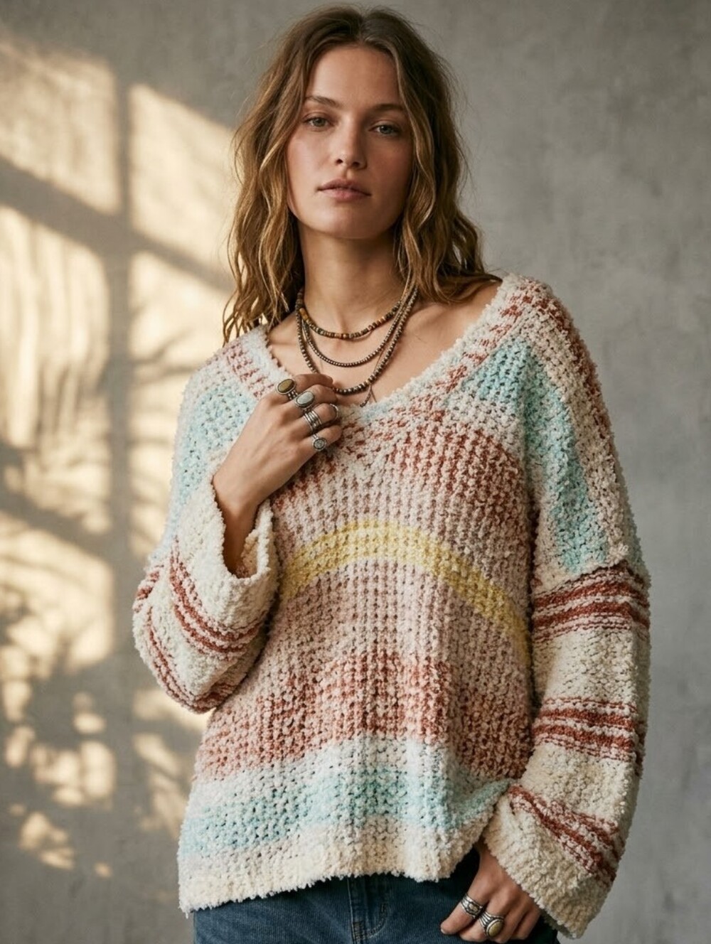 Adora Striped Open Knit Relaxed Fit Boho Sweater Pastel Cream S/M